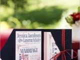 a bold wedding invitation suite in white, navy and red is a fantastic idea for a fall or winter wedding