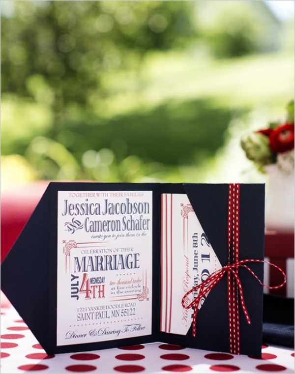 a bold wedding invitation suite in white, navy and red is a fantastic idea for a fall or winter wedding