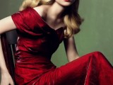 a statement deep red off the shoulder wedding dress is a cool idea for daring brides who love bold colors