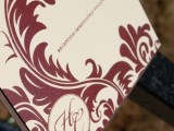 a wedding invitation in white and burgundy plus patterns is a chic and bright idea for the fall