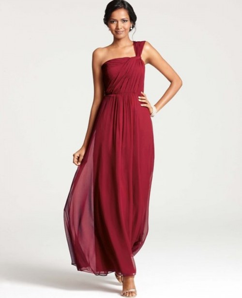 a deep red one shoulder bridesmaid dress with draping is a timeless idea for a fall wedding