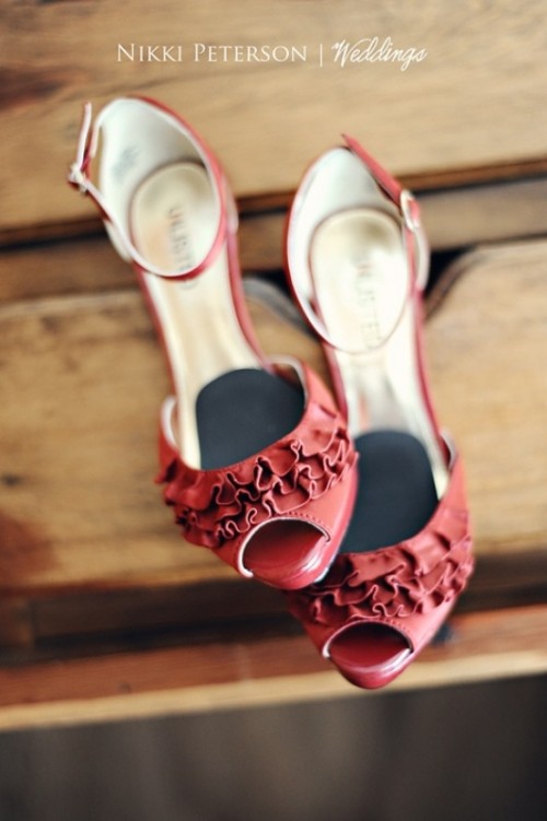 cranberry red vintage-inspired heels with ruffles will help a fall bride make a statement
