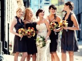 mismatching black over the knee bridesmaid dresses with straps and ruffles are comfortable and cool dresses to rock in the fall, add black shoes and go
