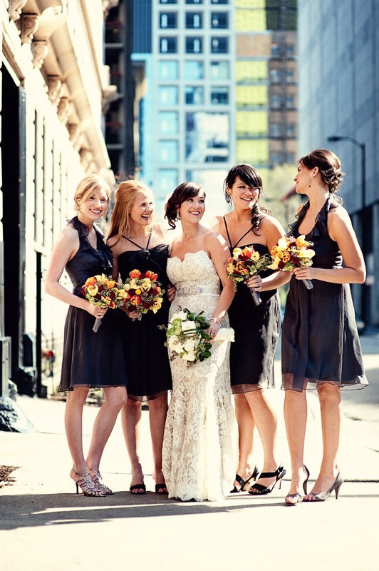 mismatching black over the knee bridesmaid dresses with straps and ruffles are comfortable and cool dresses to rock in the fall, add black shoes and go
