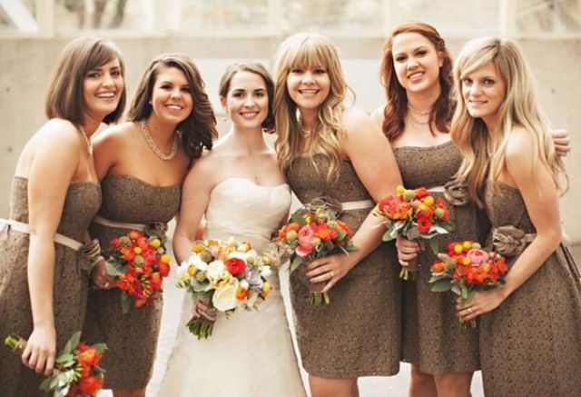 strapless taupe lace mini bridesmaid dresses are a cool idea for a modern and neutral fall wedding