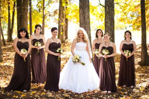 matching brown strapless A-line maxi bridesmaid dresses are a refined and elegant option for a modern formal fall wedding
