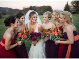 mismatching jewel-tone strapless bridesmaid dresses – deep purple, deep red and burgundy are amazing for a colorful fall wedding