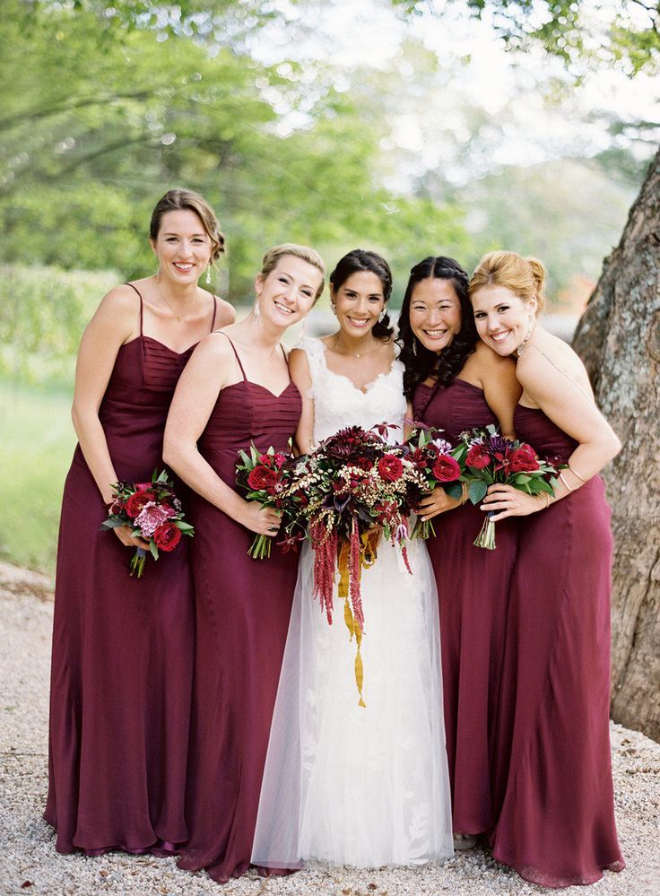 burgundy maxi spaghetti strap bridesmaid dresses are rather a classic solution for an elegant and more formal fall wedding