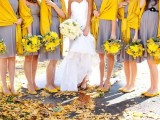 flowy grey knee bridesmaid dresses with yellow coverups and yellow shoes are all the rage this year – this color combo is on top