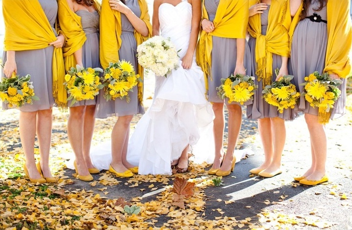 flowy grey knee bridesmaid dresses with yellow coverups and yellow shoes are all the rage this year   this color combo is on top