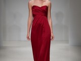 a strapless deep red maxi bridesmaid dress with a draped bodice and a plain skirt is a very chic and cool idea for a refined fall wedding