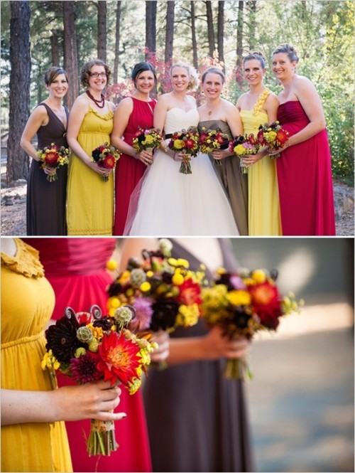 mismatching yellow, brown, chocolate brown and red bridesmaid dresses paired with bold wedding bouquets are a lovely idea for the fall