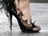unique black floral lace heels with detailing on the back are a very gorgeous and fab idea to rock at a Gothic or Halloween wedding