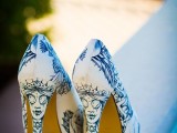 white shoes with blue Corpse Bride painted on them are a unique idea for fans of Tim Burton or for a Tim Burton’s inspired wedding