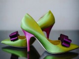 neon green shoes with purple heels and bows are an amazing idea for a Halloween wedding, for a bride who loves color