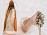 peachy pink peep toe wedding shoes with embellished backs and high heels are amazing for a chic and glam wedding in any season