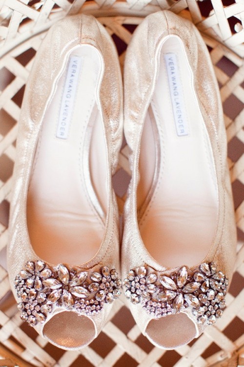 peep toe silver wedding flats with heavy embellishments on tops are amazing for a glam wedding, they look chic and lovely