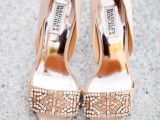 beautiful vintage-inspired neutral wedding shoes with embellishments on top and peep toes are amazing for a glam bridal look with a vintage feel