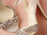 white embellished criss cross wedding shoes with ankle straps and high heels are timeless classics that will fit many bridal looks and styles