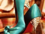 emerald peep toe wedding shoes with embellished high heels will add a touch of bling to your look but in a very delicate way, and a touch of lovelycolor