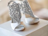 white heavily embellished wedding heels with peep toes and slingbacks are amazing for adding a strong and statement shiny touch to your look