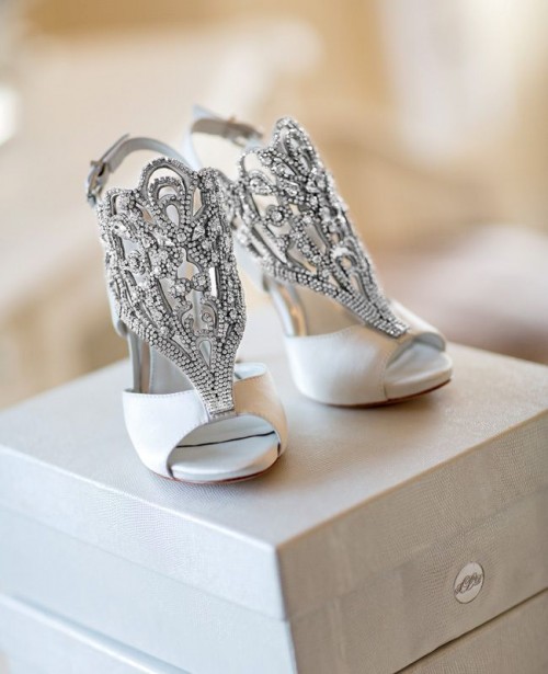 white heavily embellished wedding heels with peep toes and slingbacks are amazing for adding a strong and statement shiny touch to your look