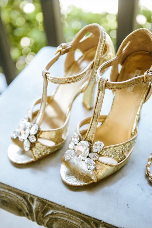 gold glitter wedding shoes with T straps and statement crystals on tops are an amazing idea to finish off a vintage or 20s inspired bridal look