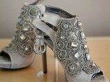 grey wedding shoes with heavily embellished tops, peep toes, high heels and straps are amazing for a shiny wedding