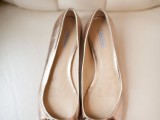 silver wedding flats with peep toes and embellishments on top are amazing for a spring or summer wedding