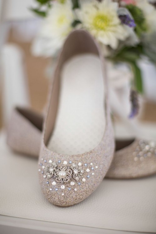 grey wedding flats with intricate embellishments on tops are amazing to finish off a refined vintage-inspired bridal look