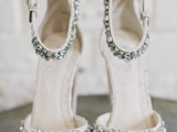 gorgeous embellished ankle strap wedding shoes with peep toes will add a glam and glitz touch to your bridal look