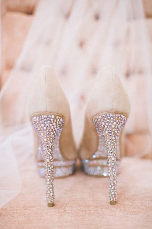 neutral wedding shoes with jeweled bottoms and high heels are amazing for a wedding, they will add a touch of bling to your look