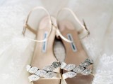 very delicate metallic sandals with jeweled tops are amazing for a wedding, for a spring or summer one, and they will add interest to your look