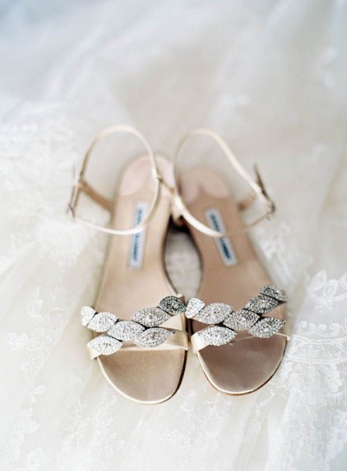 very delicate metallic sandals with jeweled tops are amazing for a wedding, for a spring or summer one, and they will add interest to your look