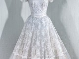 a lace A-line tea-length wedding dress with short sleeves and a square neckline is a dreamy idea for a retro-living bride
