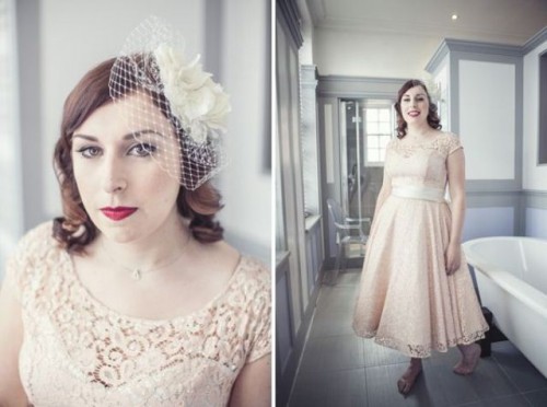 a champagne-colored A-line tea-length wedding dress with cap sleeves and an illusion neckline, a birdcage veil is amazing for a retro-loving bride