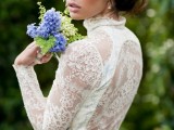 an eye-catchy vintage-inspired lace wedding dress with an illusion back, a turtleneck, long sleeves and a lace headband is a lovely and romantic idea