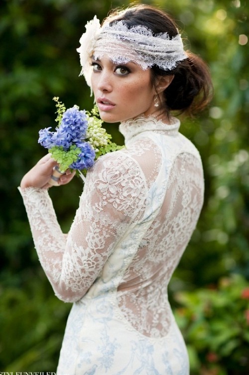 an eye-catchy vintage-inspired lace wedding dress with an illusion back, a turtleneck, long sleeves and a lace headband is a lovely and romantic idea