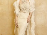 a tan lace halter neckline fitting wedding dress, a skirt with a train and a ruffle lace cover up for a 20s inspired bridal look
