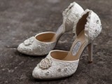white lace cutout fully embellished wedding shoes with a touch of ruffle look chic and refined