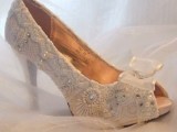 white lace peep toe fully embellished heels bring a sophisticated feel to the bridal look