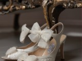 white lace and plain leather cutout shoes with peep toes, ribbon bows add romance to the bridal look