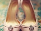 light pink peep toe wedding shoes with embellishments look romantic and elegant