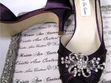 peep toe vintage wedding shoes in purple, with large embellishments will add a touch of color and statement