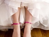 hot pink vintage peep toe wedding shoes with beads and feathers for adding a vintage feel and a bold touch to the look