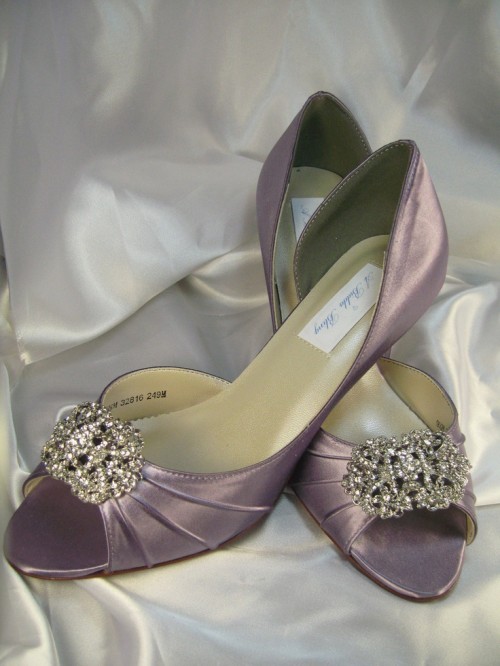 vintage lavender open toe wedding shoes with large embellishments for a soft touch of color and romance