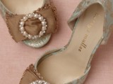vintage blue and copper wedding shoes with peep toes and brown lace touches with pearls are quirky and catchy