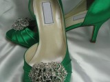 emerald peep toe wedding shoes with heavy embellishments on top will ad a bright touch of color and chic to your look