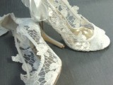 sheer lace wedding shoes with peep toes and white ribbon bows look romantic and chic
