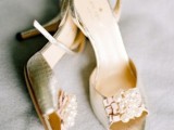vintage metallic wedding shoes with open toes and pink ruffles and pearls are very chic and glam